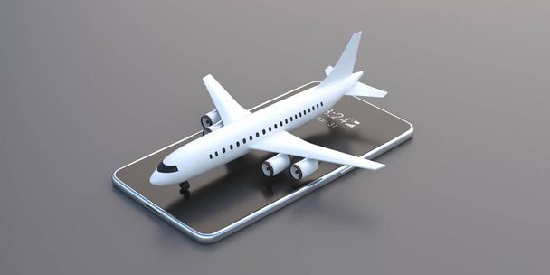 Smartphone aplicación digital y el concepto de publicidad de vuelos. Avión blanco en móvil aislado sobre fondo gris. Tecnología check-in en línea rápido reserva de entradas de negocios vacaciones de verano. ilustración 3d - Foto, Imagen