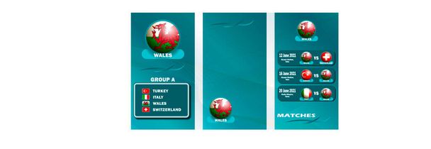 Bandera vertical del Campeonato Europeo de Fútbol 2020 para redes sociales. Banner del Grupo A, el equipo nacional galés en el Campeonato Europeo de Fútbol 2020 con un calendario de partidos y un bloque vacío. Objetos aislados. Imagen vectorial. - Vector, imagen