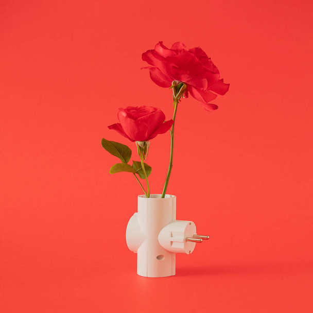 fresh apple red roses with power plug on the red background. abstract art. minimal creative decoration idea. - Foto, Imagem