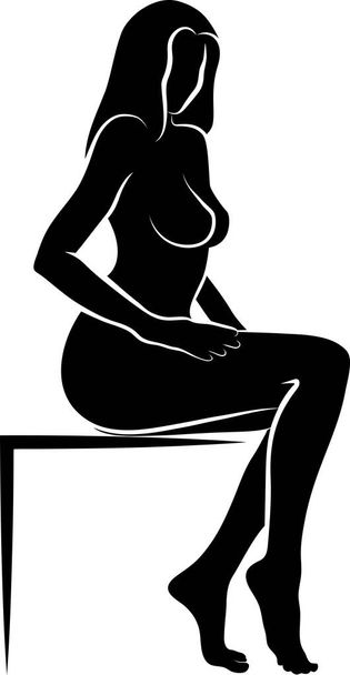 сидящая женщина массирует силуэт ноги - векторная монохроматическая иллюстрация - Вектор,изображение