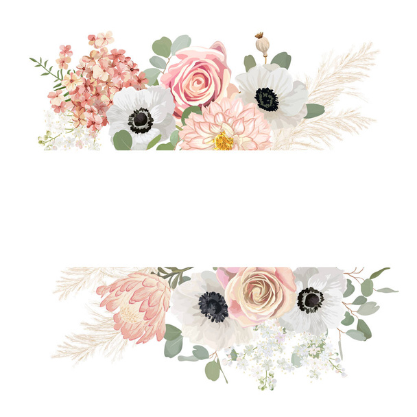 Watercolor floral wedding vector frame. Pampas grass, anemone, rose flowers border template - Vektor, obrázek