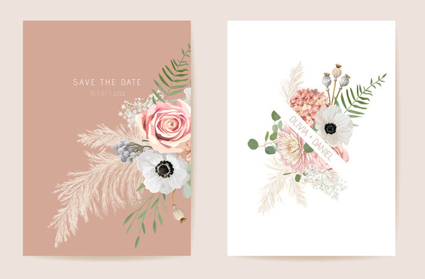 Wedding summer floral invitation, dry flowers, dried pampas grass card, watercolor template vector - Вектор, зображення