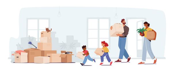 People Relocation, Happy Family Moving into New House. Mother, Father and Little Children Carry Boxes and Things to Home - Vector, Image