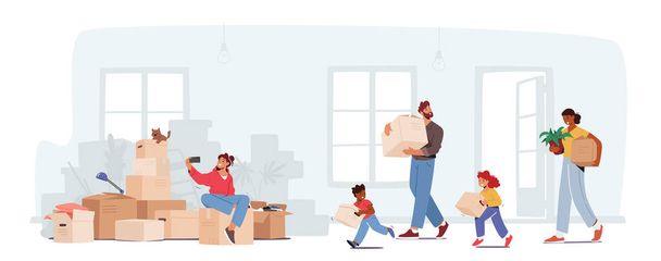 Happy Family Relocation Concept. Mother, Father and Little Kids Moving into New House. Characters Carry Cardboard Boxes - Vector, Image