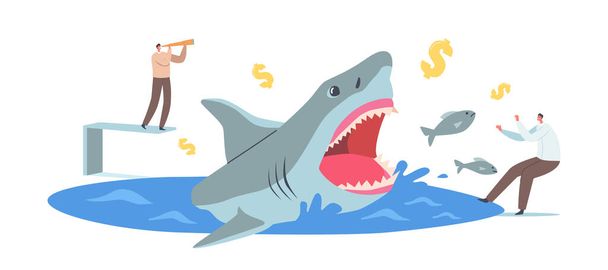 Businessman with Spyglass Looking on Huge Dangerous Shark, Frightened Male Character nearby. Professional Entrepreneurs - Vector, Image