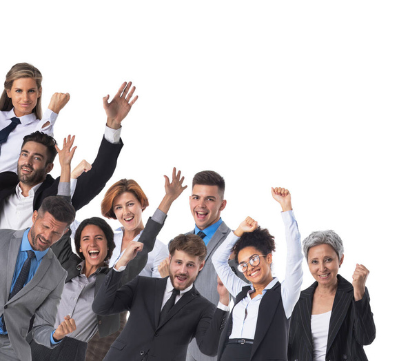 Large and very happy business group of people with arms raised isolated over a white background corner design element - Фото, изображение