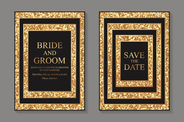 Σύνολο από μοντέρνα γεωμετρικά πολυτελή σχέδια προσκλήσεων γάμου ή πρότυπα καρτών για την επιχείρηση ή την παρουσίαση ή χαιρετισμό με μαύρα ορθογώνια και ρίγες σε χρυσό φόντο glitter. - Διάνυσμα, εικόνα