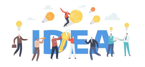 Concepto de idea creativa. Personajes de negocios con enormes bombillas iluminadas, equipo de búsqueda de nuevas ideas para el proyecto - Vector, Imagen