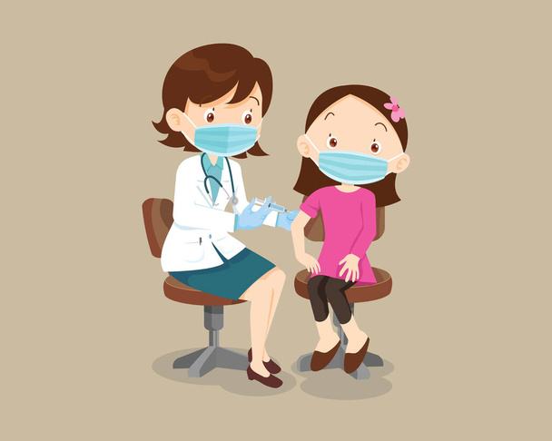 Koruyucu tıbbi maske takan çocuklar için doktor enjeksiyonu aşısı. Bağışıklık sistemi için aşı kavramı. - Vektör, Görsel