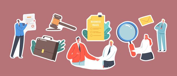 Set of Stickers with Business Characters Shaking Hand, Gavel, Briefcase and Businesswoman with Magnifier, Business Rules - Vector, Image