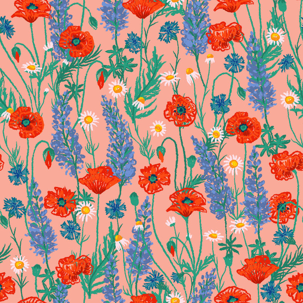 Seamless texture pattern with wildflowers - poppies, cornflowers, chamomiles, fireweed - 写真・画像