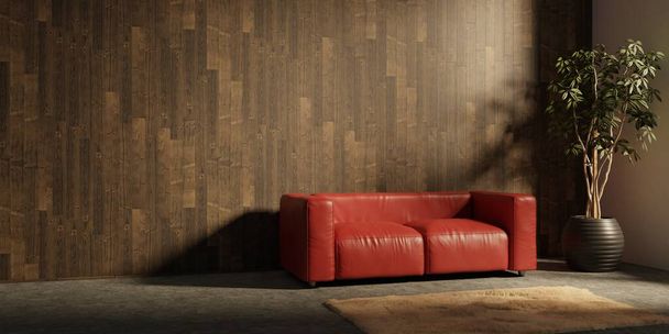 Moderno interno eco-stile con uno spazio per poster, pianta e un pavimento in legno. Vista frontale. rendering 3d - Foto, immagini