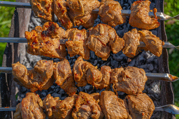 Carne grelhada em espetos, kebabs fritos em espetos em braseiro enferrujado - Foto, Imagem
