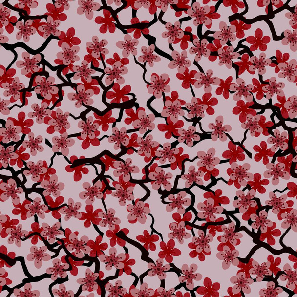 Бесшовный узор с цветущей японской вишневой сакурой ветвей для ткани, упаковки, обоев, текстильного декора, дизайна, приглашений, печати, подарочной упаковки, производства. Розовые цветы на розовом фоне - Фото, изображение