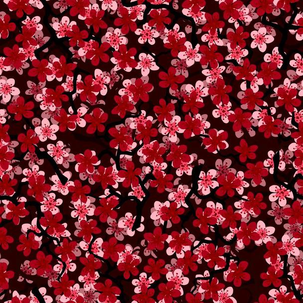Bezešvý vzor s kvetoucími japonskými třešňovými sakura větvemi pro tkaniny, obaly, tapety, textilní dekor, design, pozvánky, potisk, dárkový obal, výrobu.Růžové a červené květy na černém pozadí - Fotografie, Obrázek