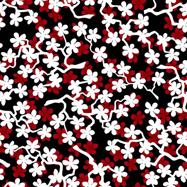Seamless pattern with blossoming Japanese cherry sakura branches for fabric,packaging,wallpaper,textile decor,design, invitations,gift wrap,manufacturing.Red and white flowers on black background - Foto, immagini