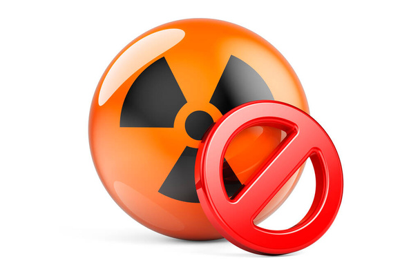 Signo prohibido con símbolo de radiación, representación 3D aislada sobre fondo blanco - Foto, Imagen