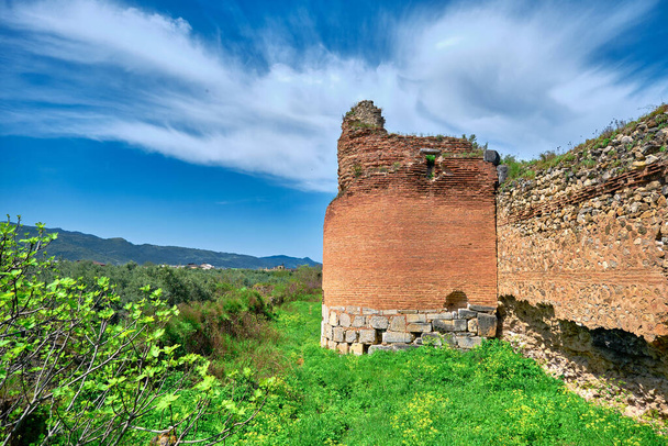 Verlassene und brachliegende alte Stadtmauern in Iznik Bursa aus roten Ziegelsteinen, die von grünen Pflanzen und Gras mit blauem Himmelshintergrund bedeckt sind, die vom byzantinischen Reich errichtet wurden - Foto, Bild