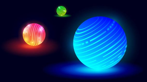 ilustración que representa tres esferas brillantes de colores azul, fuego y verde sobre un fondo oscuro - Vector, imagen