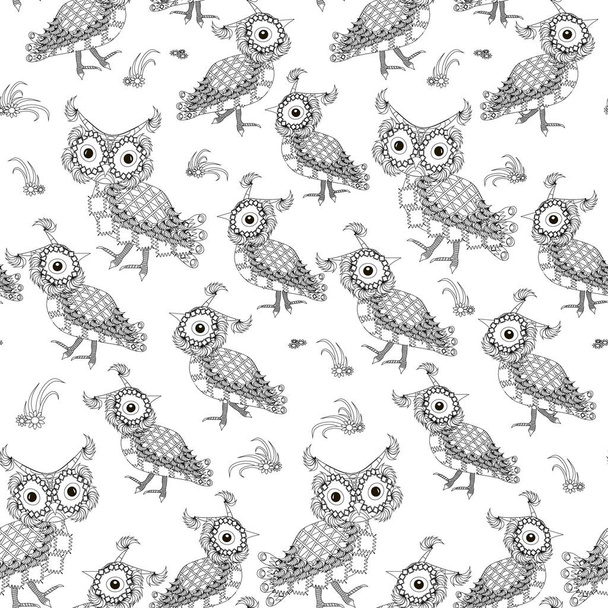 Cartoons monochrome owl art design seamless pattern stock vektorové ilustrace pro omalovánky, pro web, pro tisk - Vektor, obrázek