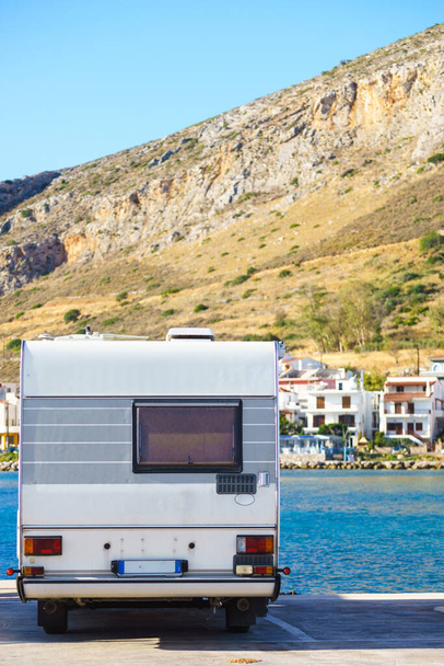 Tourism vacation and travel. Camper van in greek touristic resorts. Greece Peloponnese Peninsula. - Фото, изображение