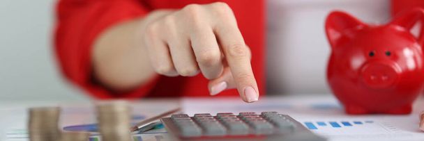 Woman counting cash coins on calculator closeup - Photo, Image