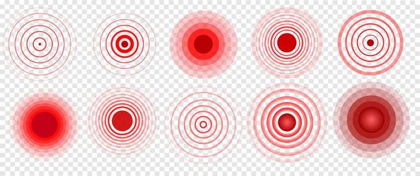 Kipu ikoni. Punainen ympyrä. Kivunlievitys. Paikannuskäsite, kivunlievitys. Joukko vektori eristetty, symbolit läpinäkyvällä taustalla. Logo suunnittelu, lääkemerkki. Terveydenhuolto. Vektoriesimerkki - Vektori, kuva