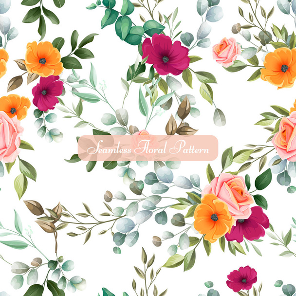 Beautiful floral and leaves seamless pattern design - Vector, Image