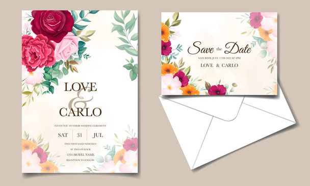 Floral wedding invitation template set with beautiful flower and leaves decoration - Vector, Image
