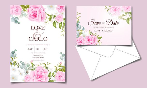 Krásná svatební pozvánka šablona set s měkkou růžovou květinový rám a okraj dekorace - Vektor, obrázek