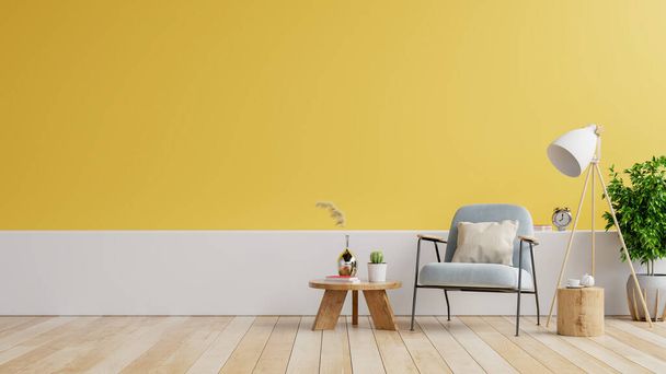 Nowoczesne minimalistyczne wnętrze z fotelem na pustym białym, żółtym tle ściany.Rendering 3D - Zdjęcie, obraz