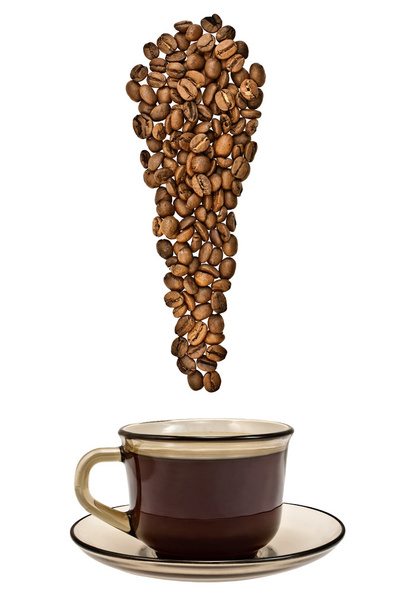 The exclamation point of the coffee beans with a cup of drink - Фото, зображення