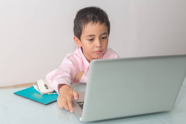 Un ragazzo che indossa una camicia rosa si stava divertendo a guardare il computer portatile.Studio ritratto, concetto con sfondo bianco.  - Foto, immagini