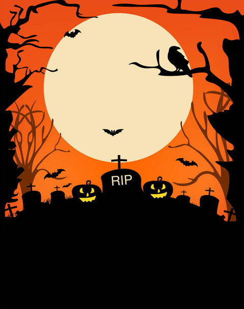 Halloween achtergrond met enge pompoenen, Dracula 's kasteel en diverse silhouetten van vliegende vleermuizen tegen de volle maan - Vector, afbeelding