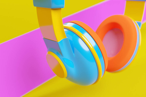 3D ilustrace realistické barevné sluchátka izolované na růžovém a žlutém pozadí.Zvukové hudební sluchátka. Audio technologie. Moderní sluchátka - Fotografie, Obrázek
