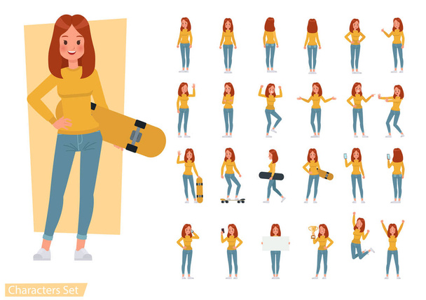 Set of woman wear yellow shirt character vector design. Presentation in various action with emotions, running, standing and walking. - Vector, Image