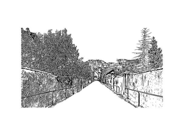 Прінт-білдінг з орієнтиром Брасова - місто в Румунії. Намальована вручну ілюстрація у векторі. - Вектор, зображення