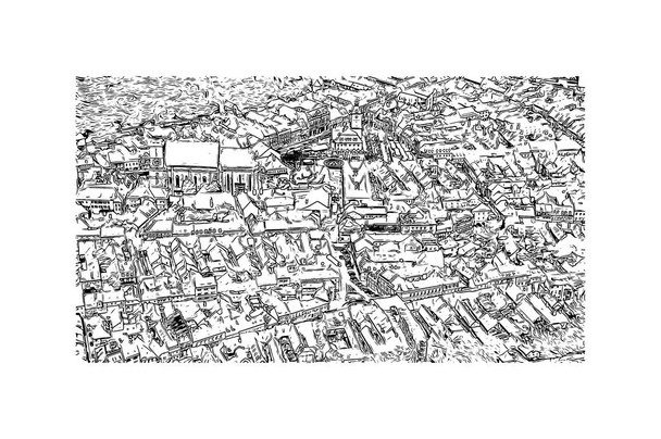 Print Épület kilátás mérföldkő Brassó a város Romániában. Kézzel rajzolt vázlat illusztráció vektorban. - Vektor, kép