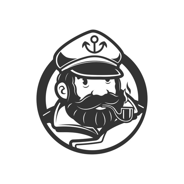 sailor man vintage logo. sailor man with pipe of cigarette. black and white vector - Vector, Image