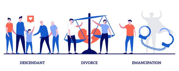 Jälkeläinen, avioero, vapautumiskäsite pienten ihmisten kanssa. Vaimo ja aviomies hajottavat abstraktin vektorikuvasarjan. Avioliiton mitätöinti, sosiaaliset oikeudet, sukupuolten tasa-arvo, yhteiskuntakysymykset metafora. - Vektori, kuva