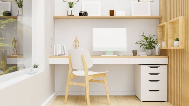 Útulné domácí kancelářské prostory v teror designu s počítačem, dekoracemi a dřevěným nábytkem, 3D vykreslování, 3D ilustrace - Fotografie, Obrázek