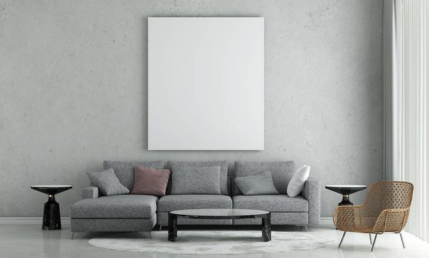 Los muebles del hogar y de la decoración se burlan del diseño interior de la sala de estar del loft y del marco vacío de la lona en el fondo de la textura de pared de hormigón - Foto, imagen