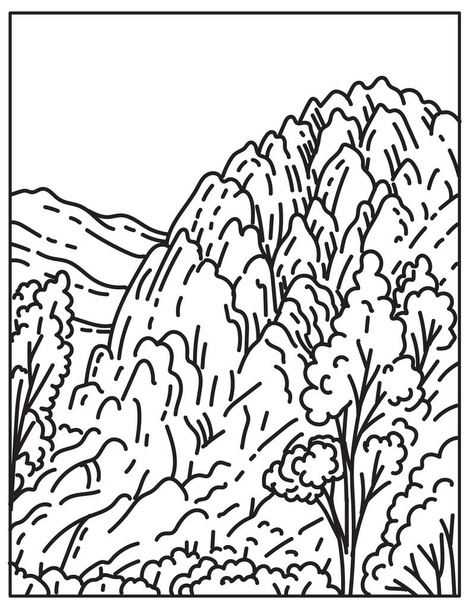 Monolinie-Illustration von Felsformationen des Pinnacles National Park östlich des Salinas Valley in Zentralkalifornien, USA, im Retro-Schwarz-Weiß-Monolinie-Kunststil. - Vektor, Bild