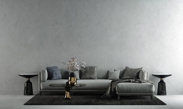 Otthon és dekoráció bútorok gúnyolódnak belsőépítészeti nappali és beton fal textúra háttér - Fotó, kép