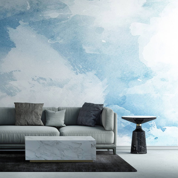 Ev ve dekorasyon mobilyaları, asgari oturma odası ve mavi duvar dokusu arka planının iç tasarımını taklit ediyor. - Fotoğraf, Görsel