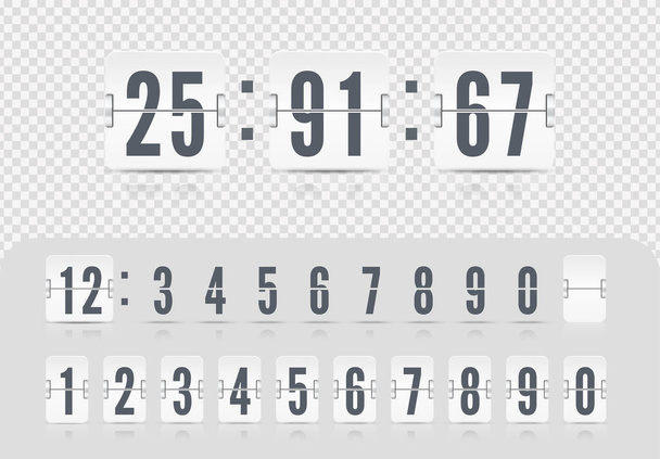 Vector illustrati on template. Scoreboard number font. White flip countdown number. Vintage flip clock time counter. - Vektor, kép