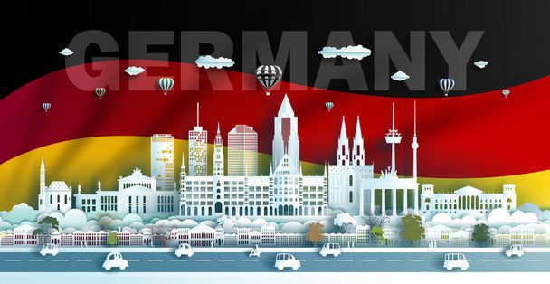 ベクトルイラストの記念日ドイツの国旗を背景にベルリン、ミュンヘン、ババリアにあるドイツの旅行ランドマーク建築折り紙アート、紙カット. - ベクター画像