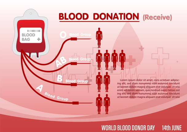 Infografía de donación de sangre con recepción a humanos en varios grupos sanguíneos y textos de ejemplo y antecedentes de gradiente rojo. Infografía del cartel de la campaña del Día Mundial del Donante de Sangre en el diseño de vectores. - Vector, Imagen