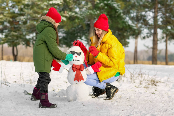 Happy family making snowman in park - Photo, Image