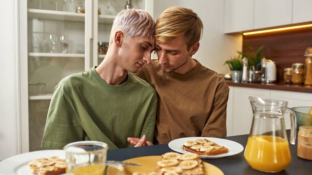 Homosexual young male couple hugging at kitchen table - 写真・画像